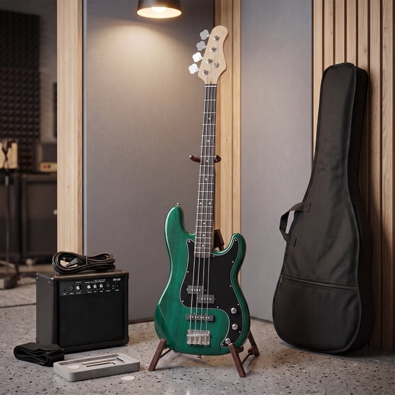 Ktaxon 46in 4 String Electric Bass with 20W Amp, Dual Open Top, S-Pickup, for Beginners & Musicians, Transparent Green