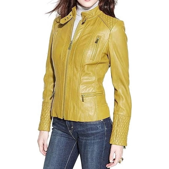 Women's Genuine Yellow Lambskin Leather Jacket Motorcycle Biker Leather Jacket W654