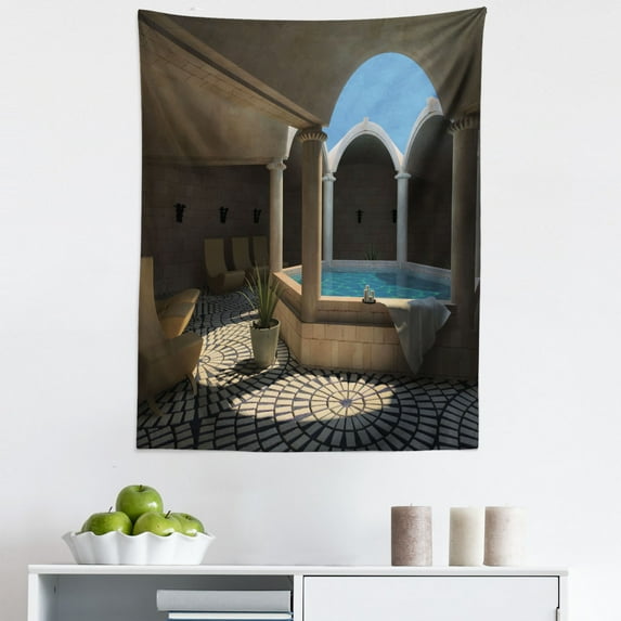 Holiday Tapestry, Inside View of a Spa Hotel with Bathtub in the Circle Centre Therapy Photo Print, Fabric Wall Hanging Decor for Bedroom Living Room Dorm, 5 Sizes, Grey Blue, by Ambesonne