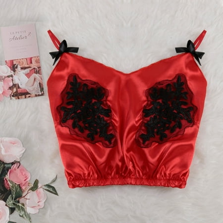 

XIAOFFENN Women V-Neck Satin Sexy Stain Pajamas Bowknot Tops Pajamas