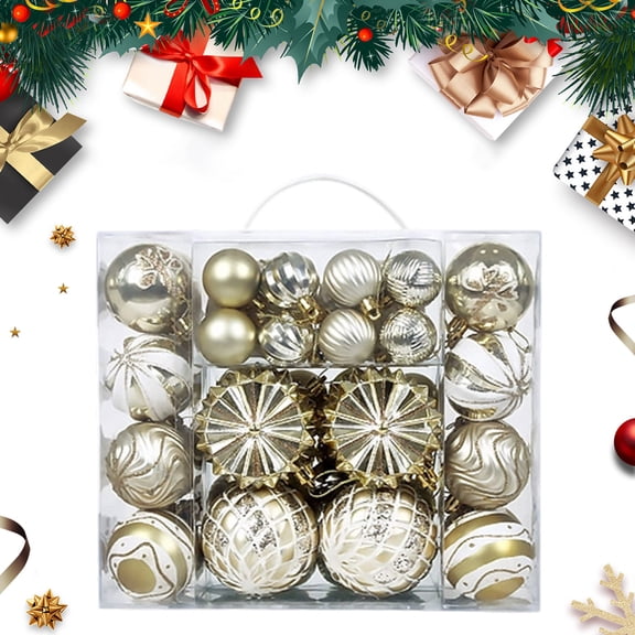 Hanging Ball Christmas Ball Ornaments 48Pcs Plastic Holiday Tree Decorations with 4/4/6/8cm Sizes for Festive Party Decor,Gold JASKFLY