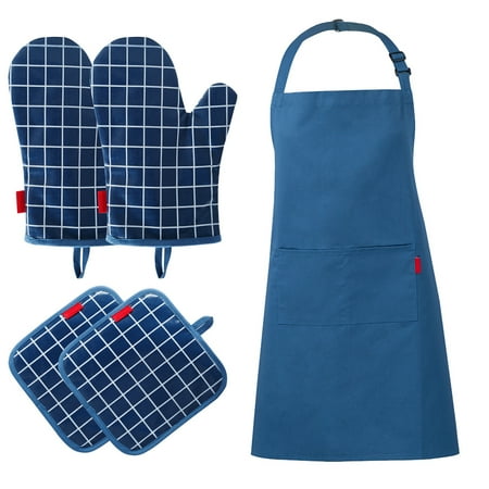 

Tomfoto 5pcs Oven Mitts Pot Holders With Pocket and Apron Cotton Lining Silicone Coating Surface Heat Resistant Kitchen Glove with Printed Grids Pattern Water Resistant Apron for Kitchen Cooking Bak