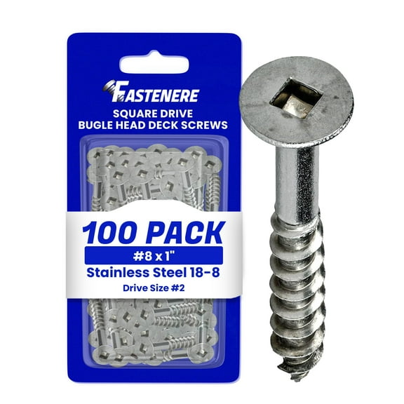 Fastenere Stainless Steel 18-8 Deck Screws - #8 x 1" (100 Pack) Wood Cutting Point, Square Drive, Partial Thread, Bright Finish for Wood, Exterior, Decking, Composite, Fencing, Type 17 Point