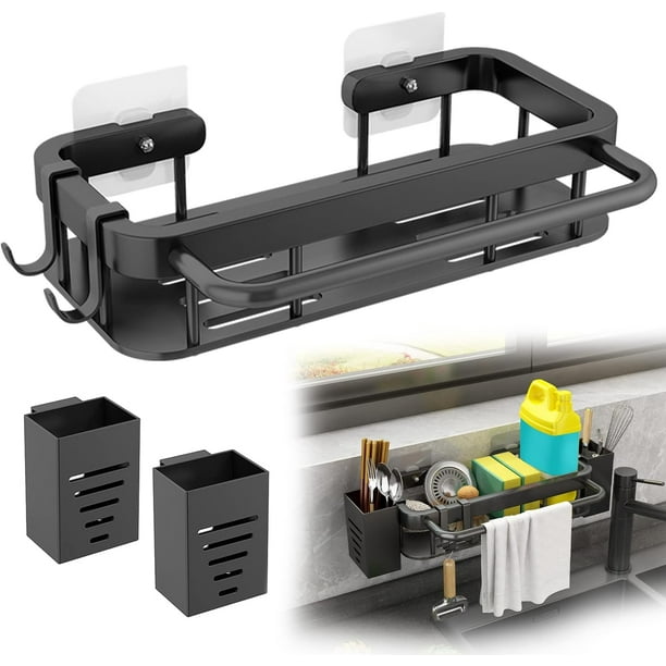 Organizador de fregadero de cocina de acero inoxidable, soporte para esponja de fregadero de cocina, almacenamiento de esponja de fregadero de cocina negro, con 2 soportes para palillos, organizador