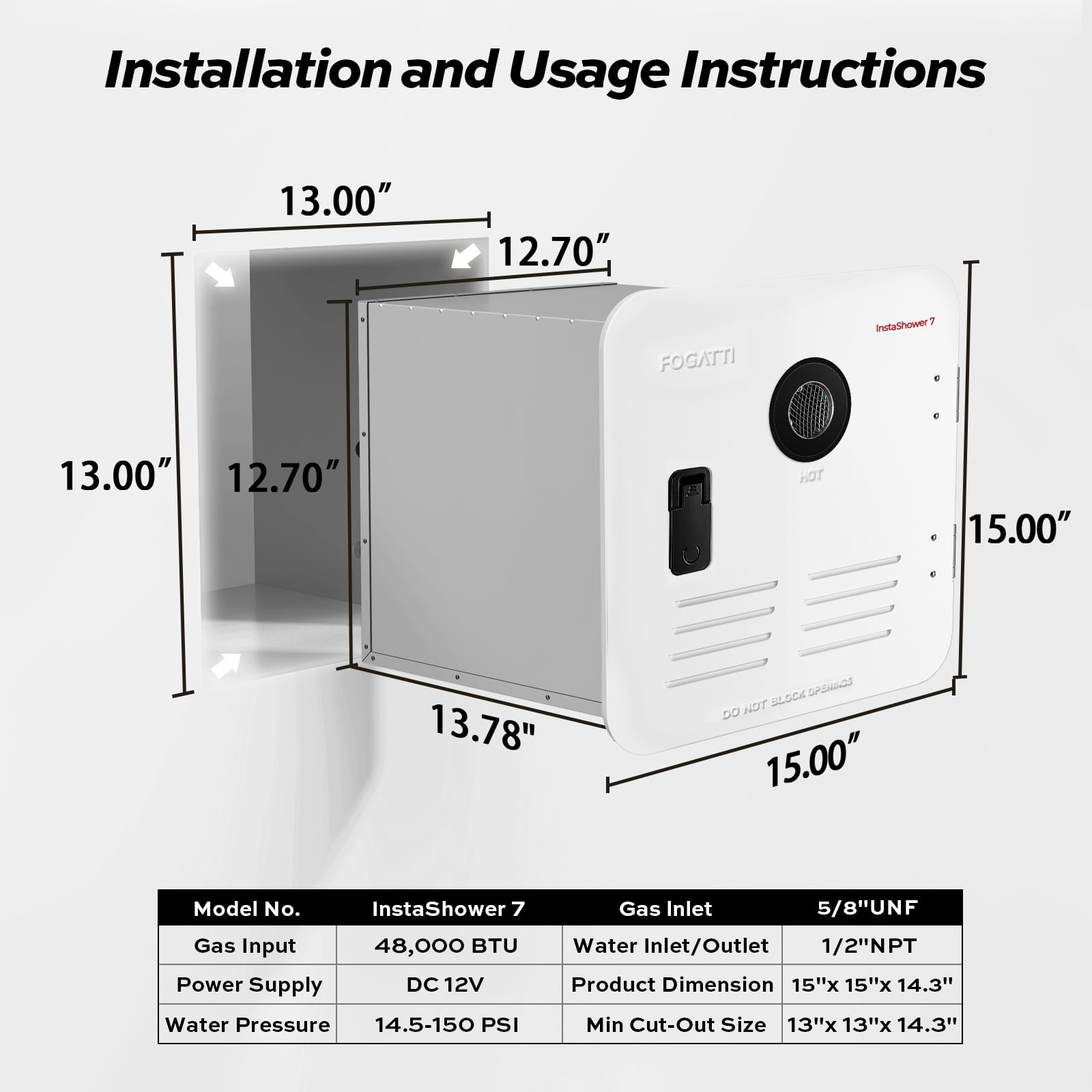 Restored Fogatti RV Tankless Water Heater InstaShower 7, 48,000 BTU, DC 12V, Door Kit Not Included (Refurbished)