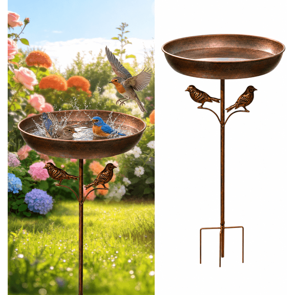 Metal Bird Bath for Outdoors, 12" Dia Bowl with Stable Upgrades Stake Birdbaths Garden Yard Lawn Decor 0.7 Gallon