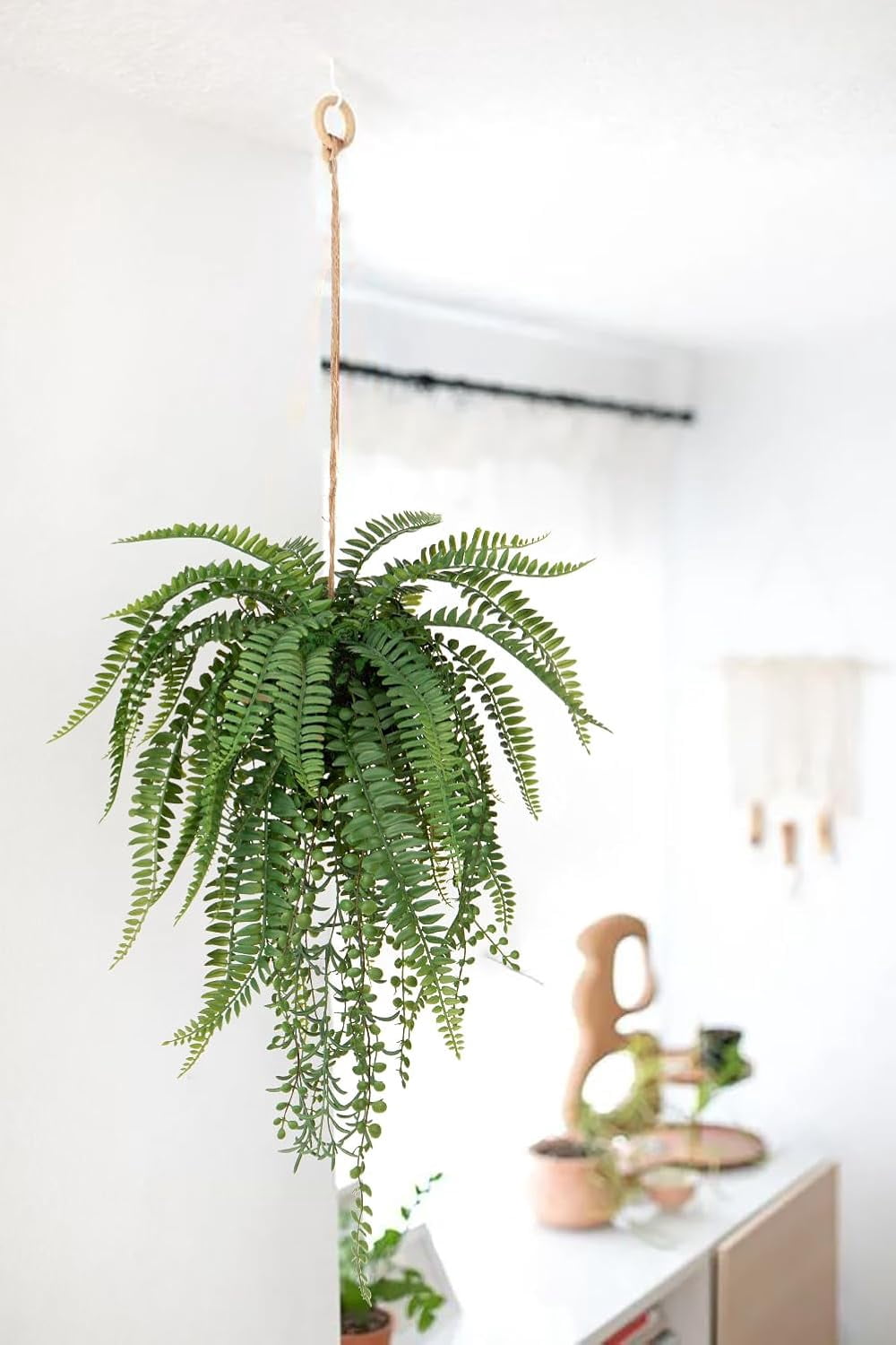 Fake Hanging Plants Mixed Fern Faux Hanging Plants Realistic Fake Plants with Hemp Rope Moss Artificial Hanging Plants Indoor Decor