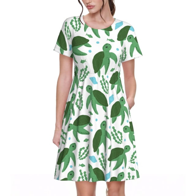 Balery Cartoon Turtle Vestidos sueltos de manga corta para mujer, vestidos de verano 2025, vestidos casuales de corte A con vuelo.