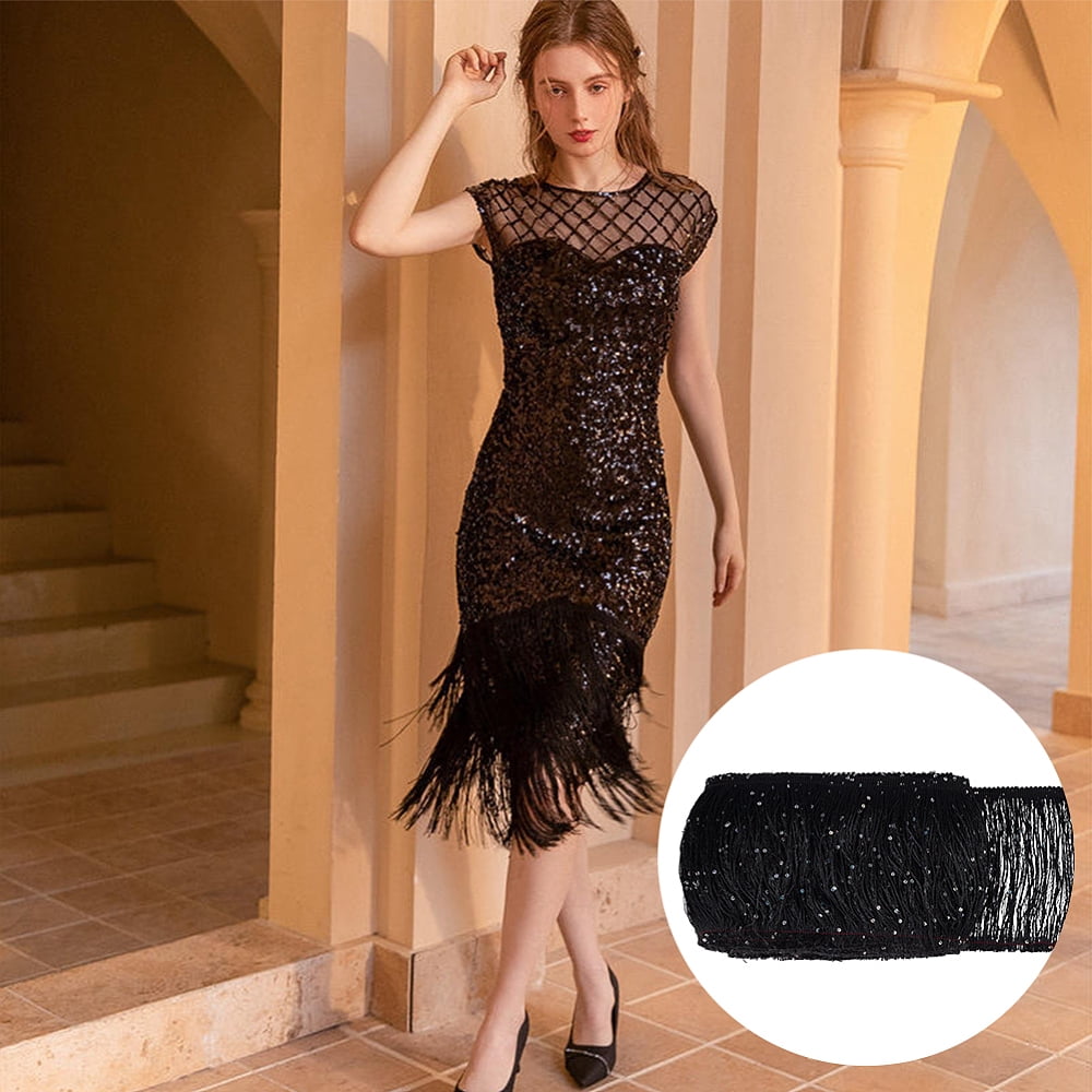 10yards Paillette Tassel Polyester Ribbon Trim Clothes Accessories Black 5-7/8 inch(150mm)
