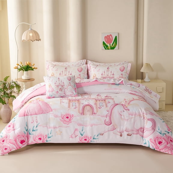 Koniroom Kids Pink Princess Comforter Set for Girls Toddlers, Unicorn Rainbow Bedding Set Twin Size Princess Fairy Tales Castle Bed in A Bag, 6 Piece
