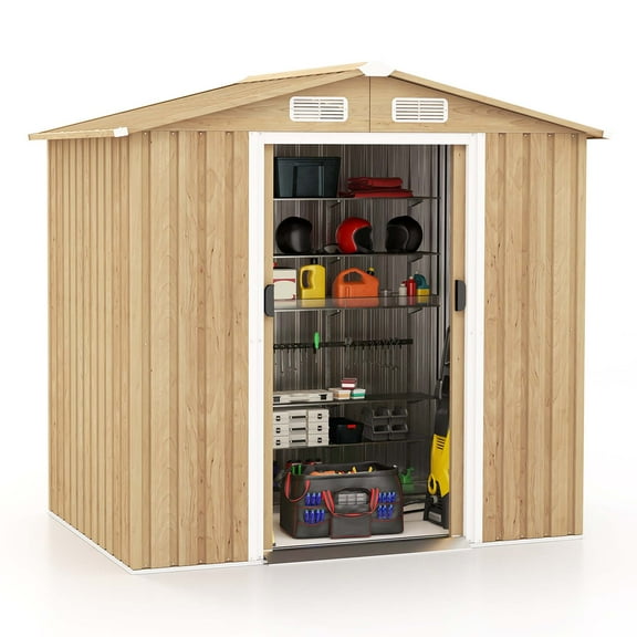 Costway 6 x 4 FT Outdoor Storage Shed Galvanized Steel Shed with Sliding Doors Wood Grain Natural