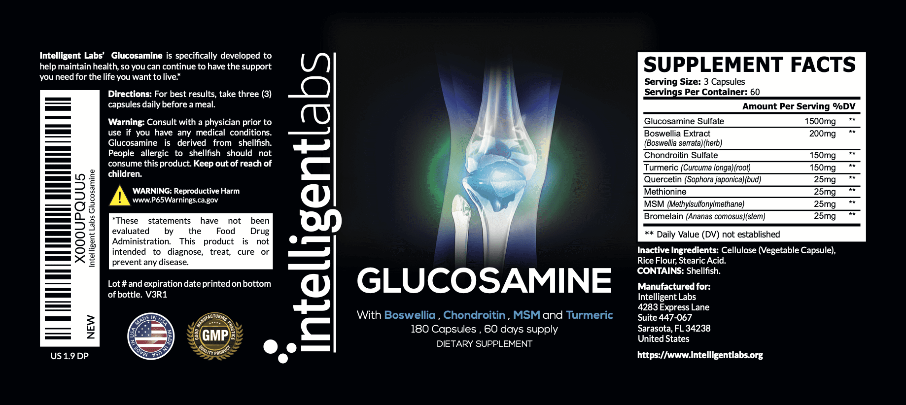 Intelligent Labs Glucosamine Chondroitin MSM Complex with Turmeric & Boswellia | Joint Support | 180 Capsules (60-Day Supply)
