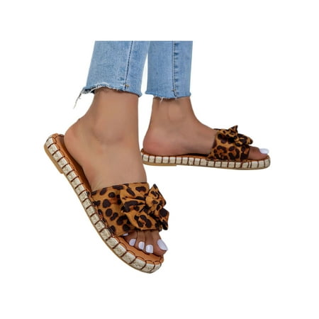 

Daeful Womens Flat Sandal Slip On Casual Shoes Open Toe Beach Sandals Indoor&Outdoor Lightweight Comfort Summer Slides Slippers Leopard Bow 8.5