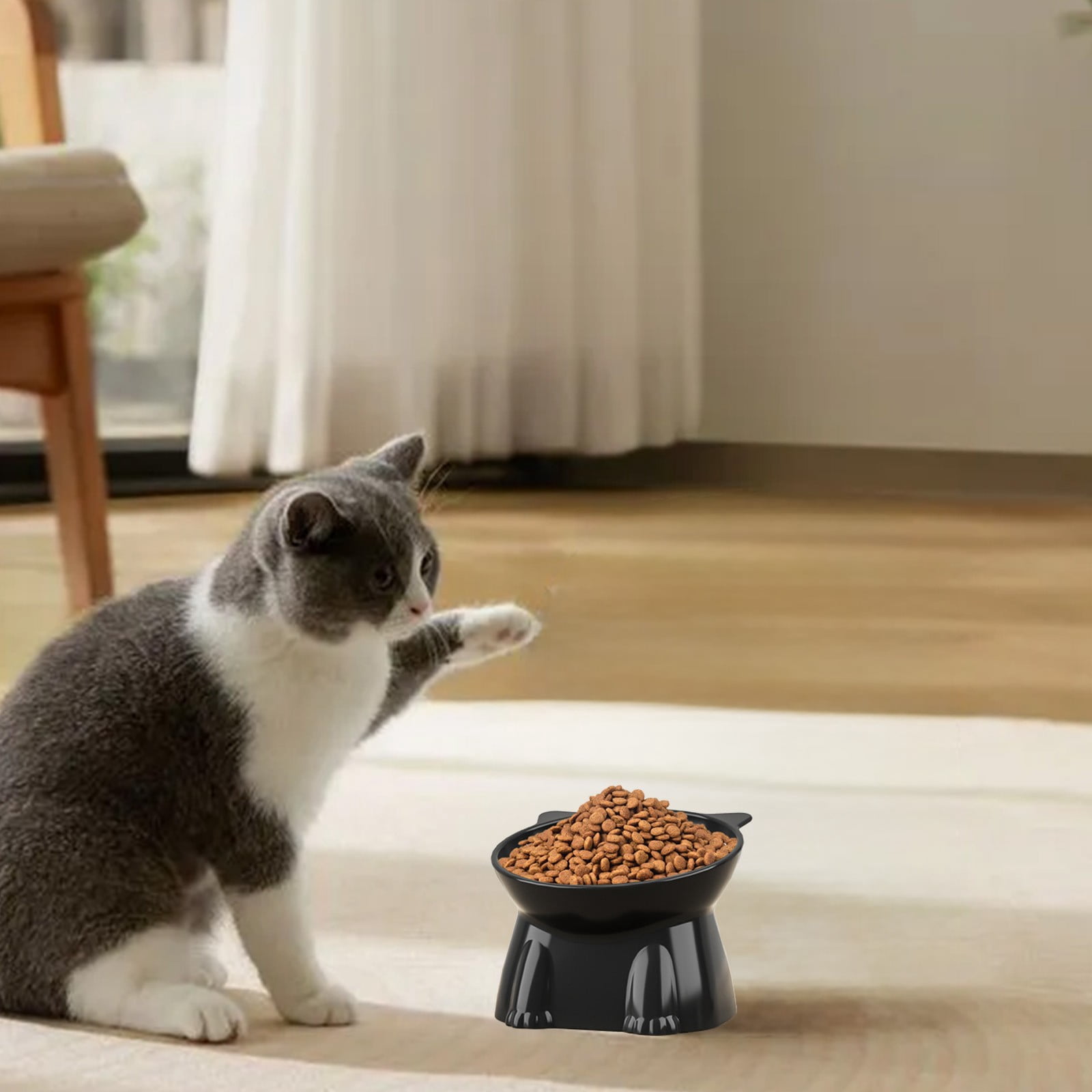 Elevated Black Cat Food Bowl, 250ml Whisker-Friendly Raised Plastic Bowl with Anti-Tip Bottom for Neck Protection