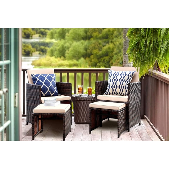Lacoo 4 Pieces Patio Wicker Furniture Conversation Set with Two Ottomans Collapsible Balcony Porch Furniture, Beige
