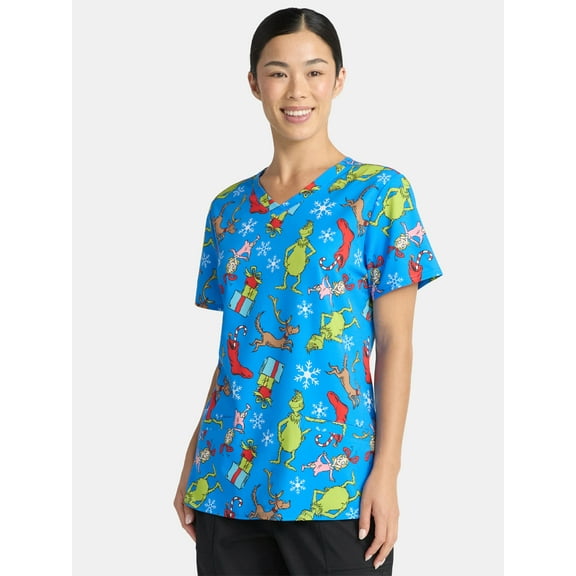 Dr. Seuss Women's Holiday Scrub Top with Short Sleeves, Sizes S-3XL