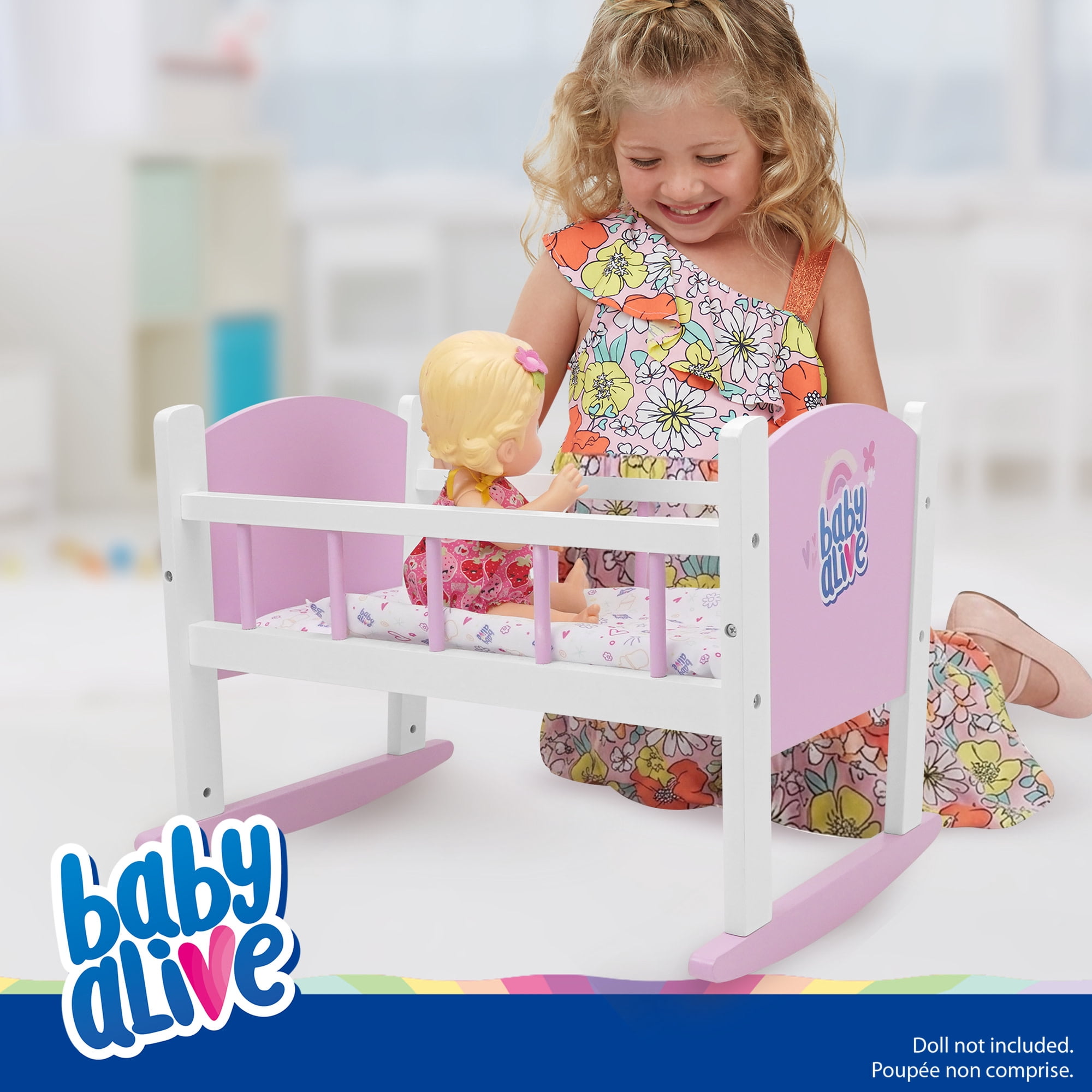 509 Crew: Baby Alive - Wooden Doll Cradle - Pink-White-Purple, Rocking Bed, Pillow & Blanket, Doll & Plush Sleeping Accessory, Roleplay Toy, Kids 3+