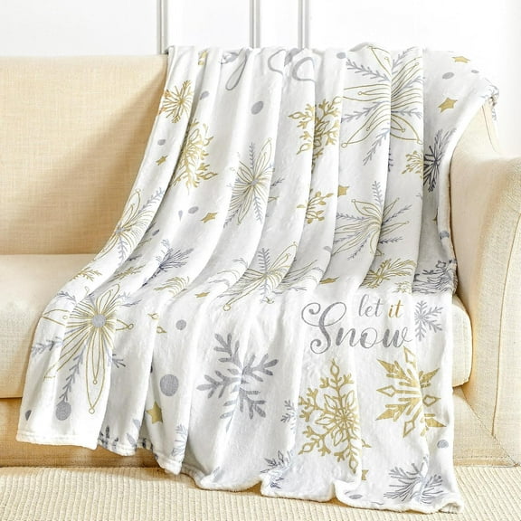 50'''' x 60'''' Christmas Throw Blanket Let It Snow Blanket Plush Warm Snowflake Blanket Gold Silver Christmas Winter Decor for Sofa Couch Bed