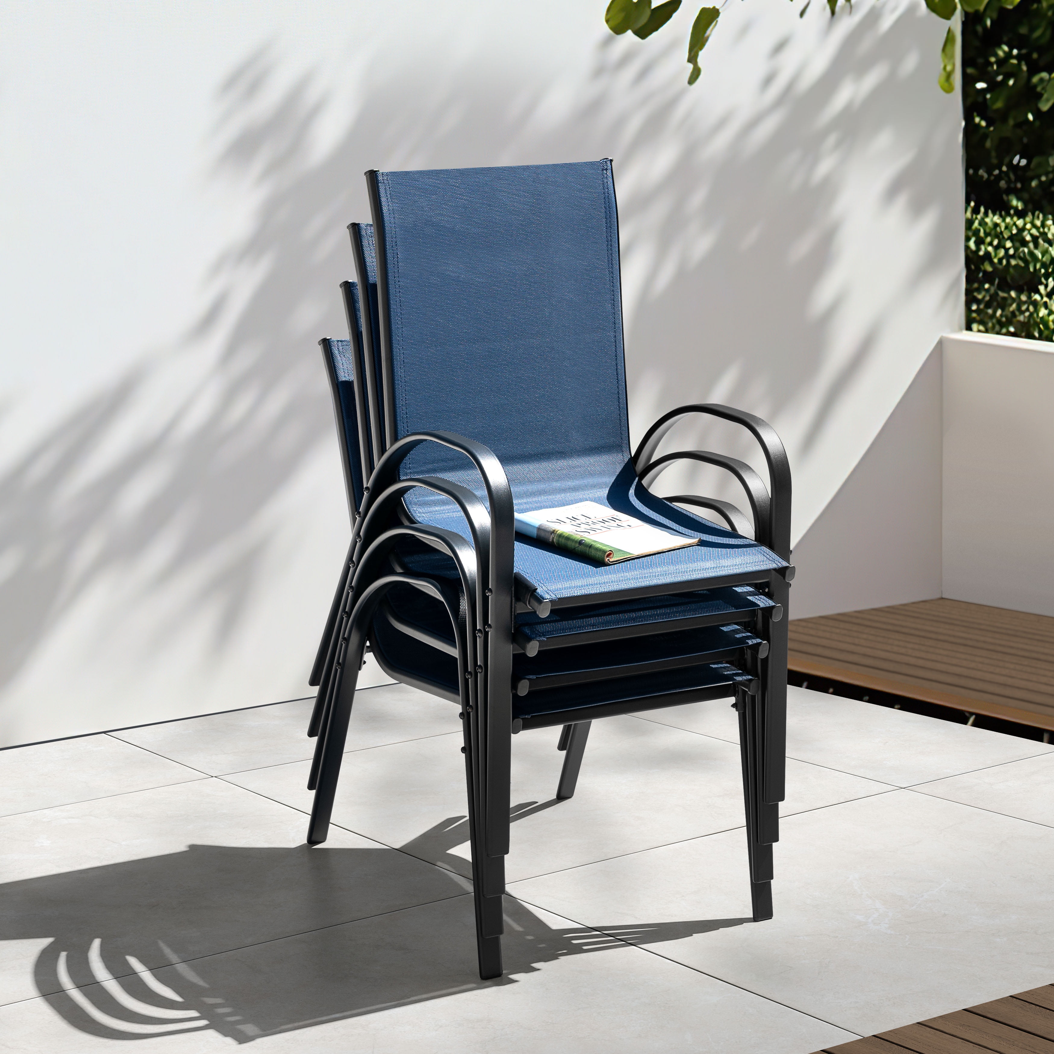 Nuu Garden Patio Chairs Set of 4, Outdoor Stackable Dining Chairs for All Weather, Breathable Textilene Outdoor Chair Set with Armrests for Backyard Porch Poolside Garden, Blue and Black