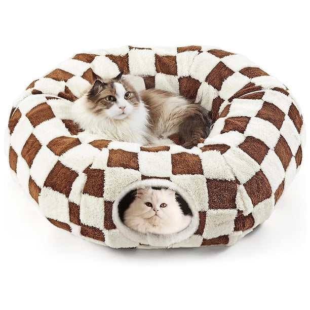 Cama túnel para gatos interior cueva forma donut cojín lavable juguetes tubo gatitos cachorros conejos color marrón