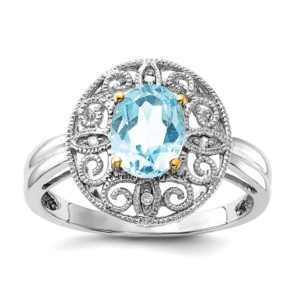 925 Sterling Silver and 14K Sky Blue and Diamond Ring 2x8mm Size 8 Ring for Women - .02 dwt 1.50 cwt