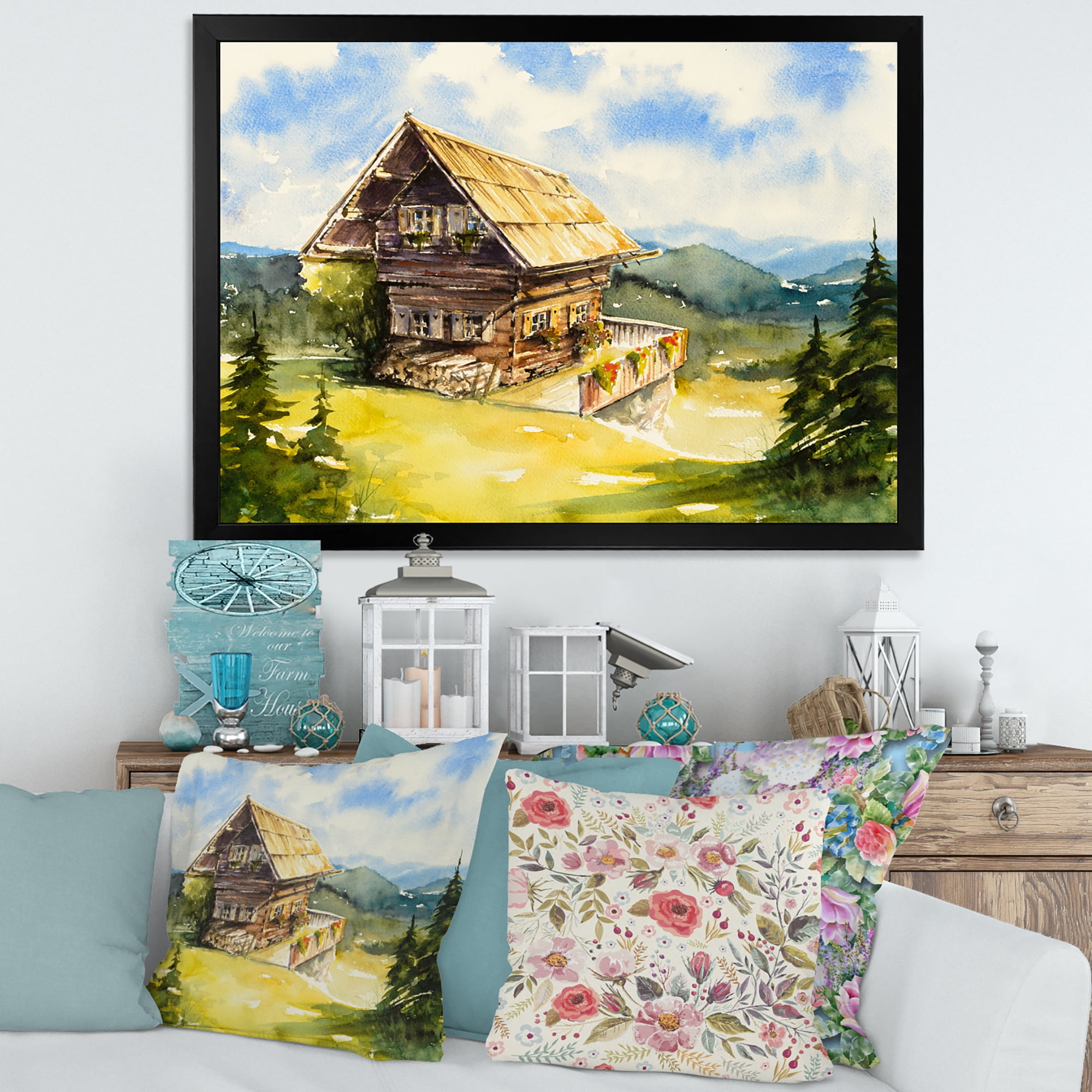 Designart 'Old Cottage At Summer With Peaceful Landscape' Traditional Framed Art Print