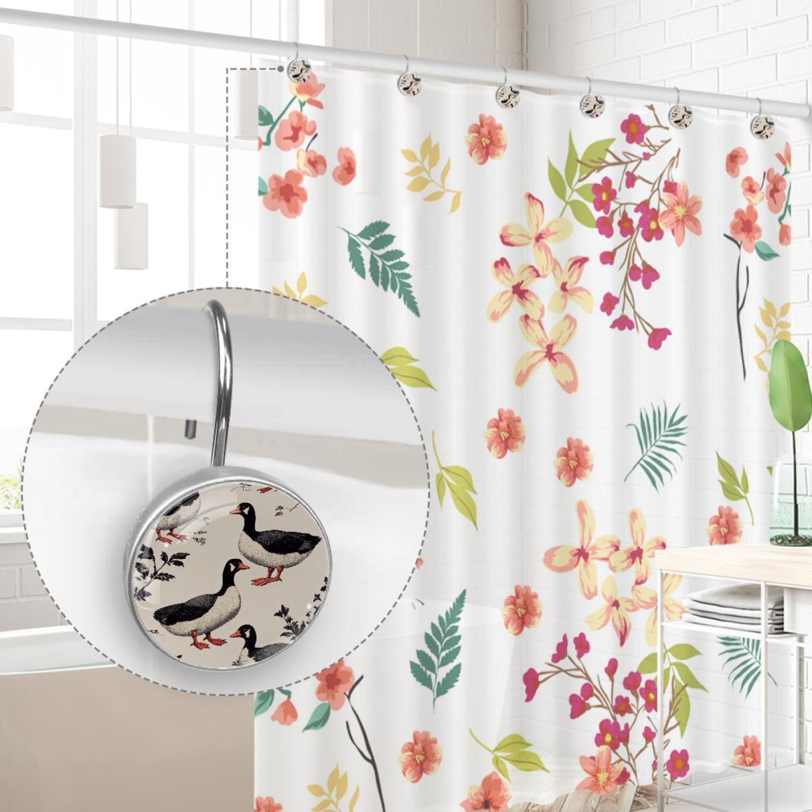 Black-White Indian Runner Ducks Shower Curtain Hooks Round Crystal Glass, Set of 12 Shower Curtain Rings - Shower Hooks for Curtain Shower Rings