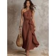 thumbnail image 5 of Womens Rust Brown One Shoulder Sleeveless Ruffle Patchwork Maxi Dress, 5 of 6