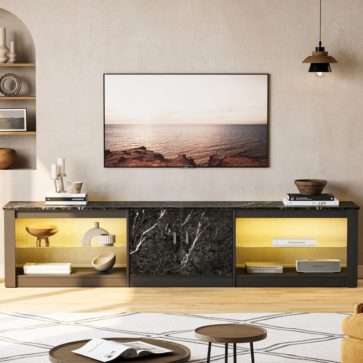 Bestier 80" TV Stand for TVs up to 85" with LED Lights Entertainment Center for Living Room in Black Marble