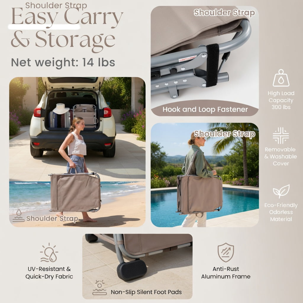 Hommoo Portable Folding Tanning Chair with Adjustable Backrest, Face Hole & Arm Openings, Lightweight Sunbathing Lounger for Beach, Pool & Backyard, Beige