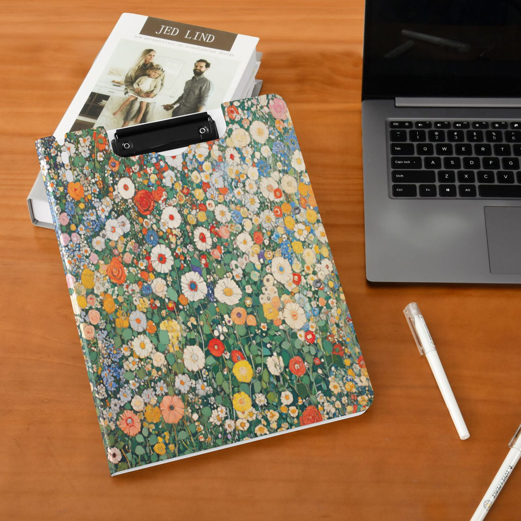 FORMRS A4 Clipboard Folder with Pen Holder Horizontal Foldable School Office Binder, Beige Floral Garden