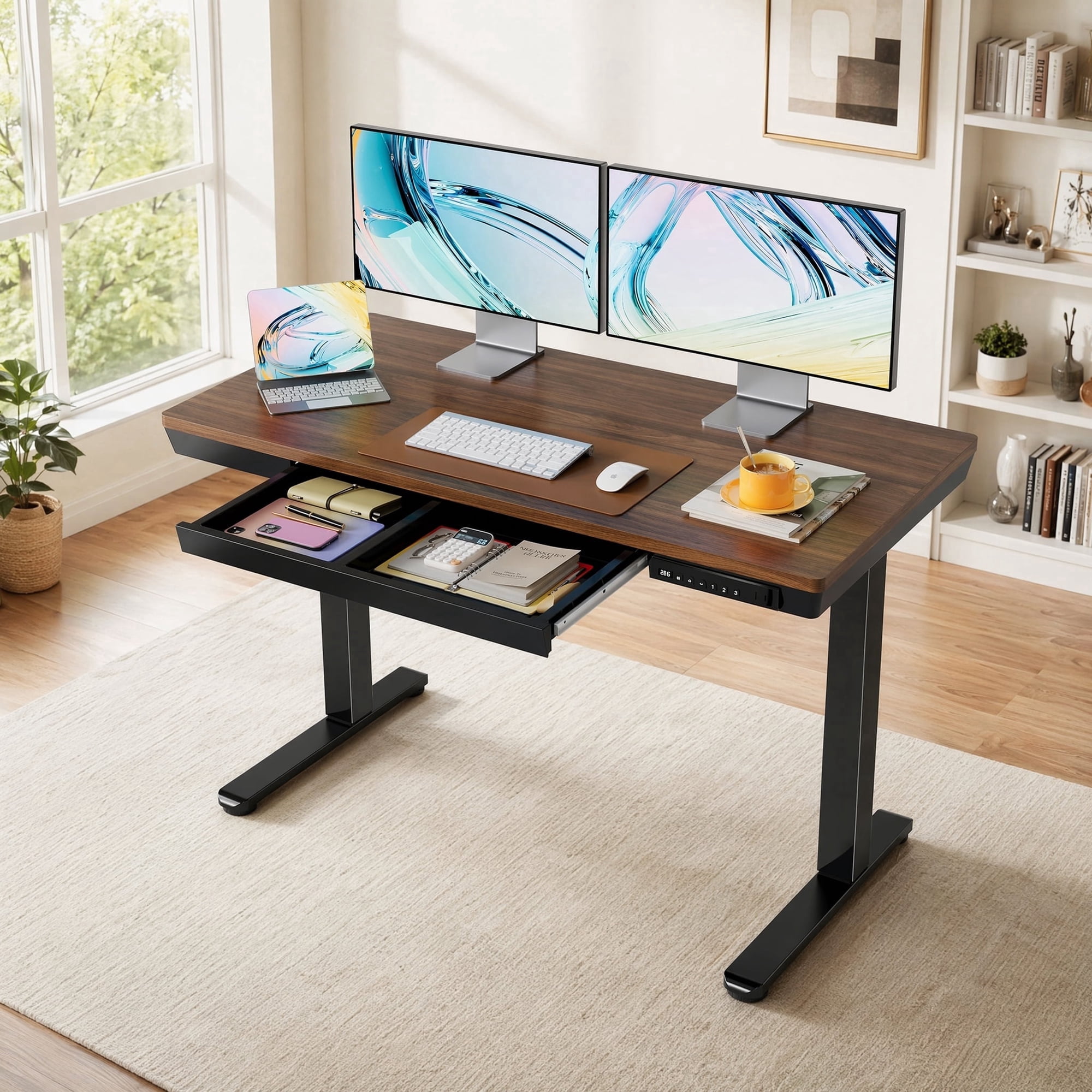 One-Piece Tabletop Standing Desk with USB & Type-C & Drawers, 48" x 24" Electric Adjustable Height Desk, Sit to Stand Up Computer Desk, Walnut
