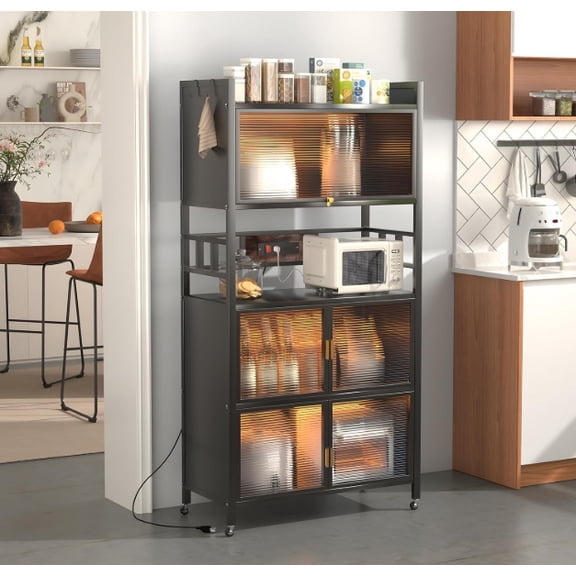 5-Tier Bakers Rack with Power Outlet, Microwave Stand, Bread Rack,Coffee Stand, Baker's Rack with Rolling Wheels and 4 Hooks, Kitchen Shelves for Spices, Pots and Pans,Black