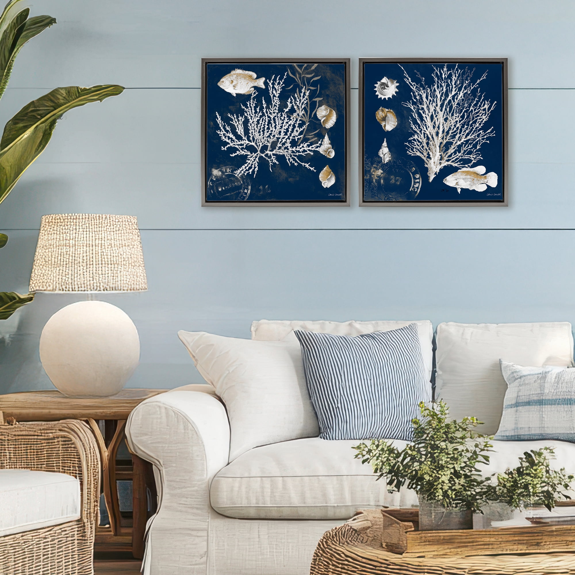 Stupell Industries Navy Coral Medley 2 Piece Gray Framed Floater Canvas Set, design by Lanie Loreth