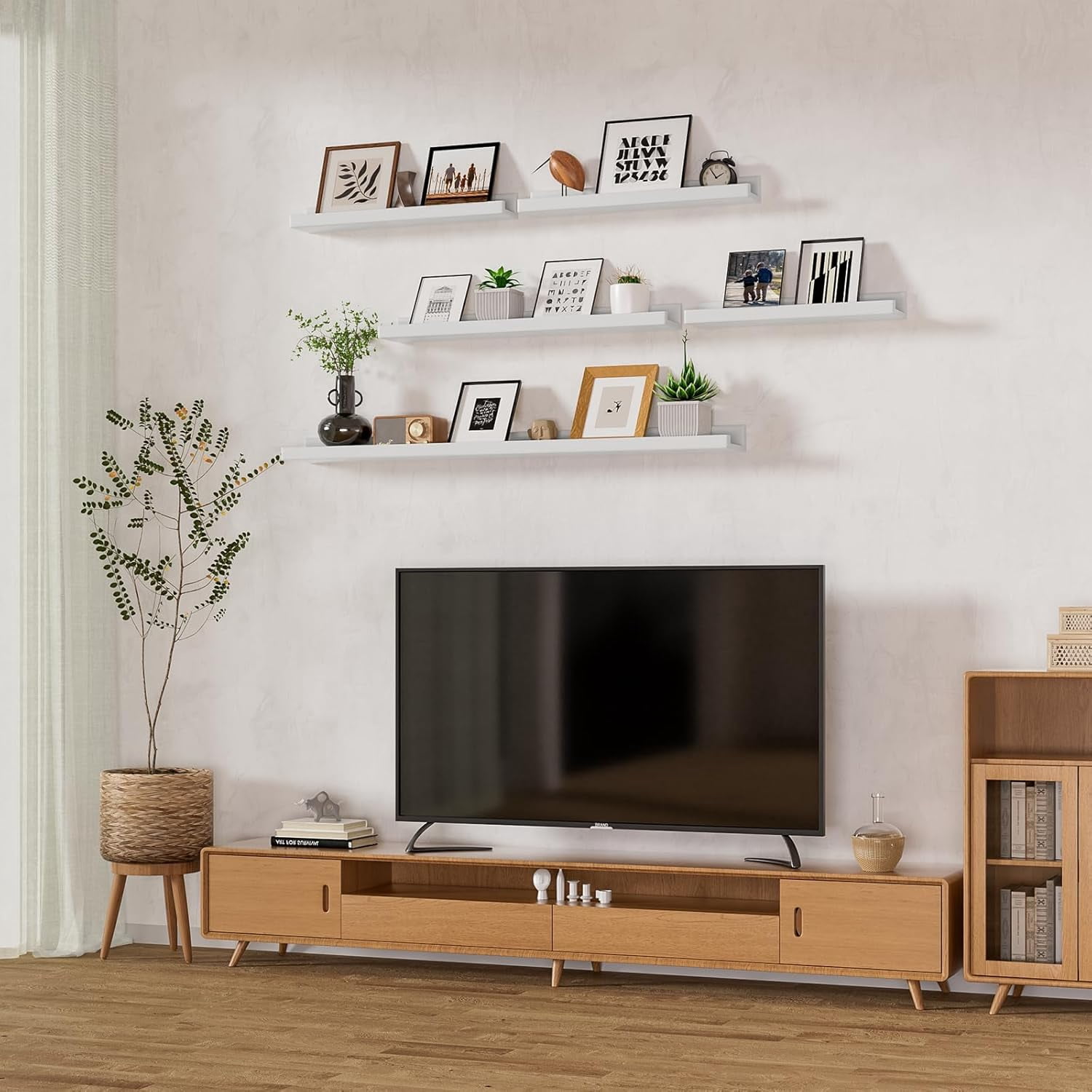Floating Shelves for Wall Set 2 of 48 inches Picture Ledge Shelf 96 inches Totally,Solid Wood White Shelves for Room Wall to Display and Storage Photo Picture,Vinyl,Toy,Spice,Perfume,Book etc.