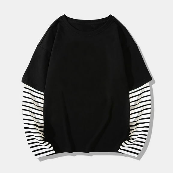 Otqutp Baby 2025 Long Sleeve Shirts 1-10 Years Kids Boys Girls Spring Fall Cotton Fashion Striped Top T Shirt Pullover Graphic Layered T-Shirt Fall Streewear(Black-1,4-5 Years)
