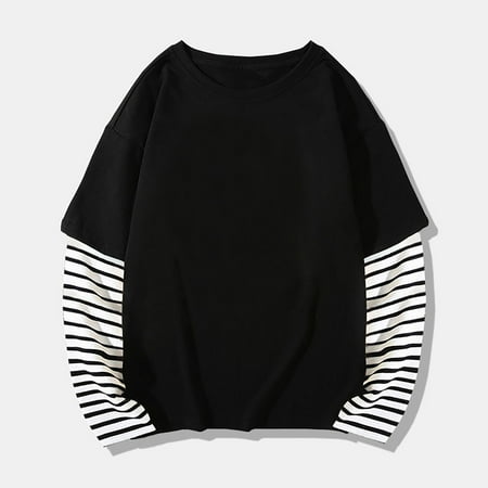 Otqutp Baby 2025 Long Sleeve Shirts 1-10 Years Kids Boys Girls Spring Fall Cotton Fashion Striped Top T Shirt Pullover Graphic Layered T-Shirt Fall Streewear(Black-1 8-9 Years)