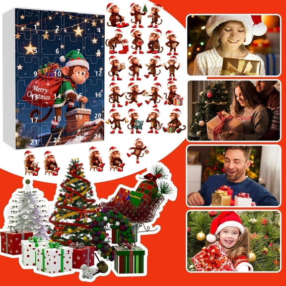 Virelaxpo Monkey Advent Calendar 2025 with 24 Surprise Windows, 2D Acrylic Ornaments for Christmas Tree Countdown, Safe Plastic for Holiday Family Fun