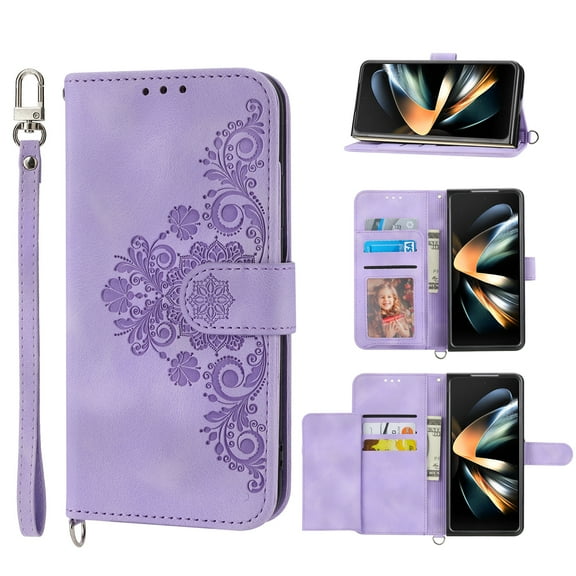 Allytech Wallet Case for Samsung Galaxy Z Fold 4, PU Leater Flower Embossed Shoulder Strap Hand Wrist Stand Shockproof Flip Cover for Samsung Galaxy Z Fold 4 - Purple