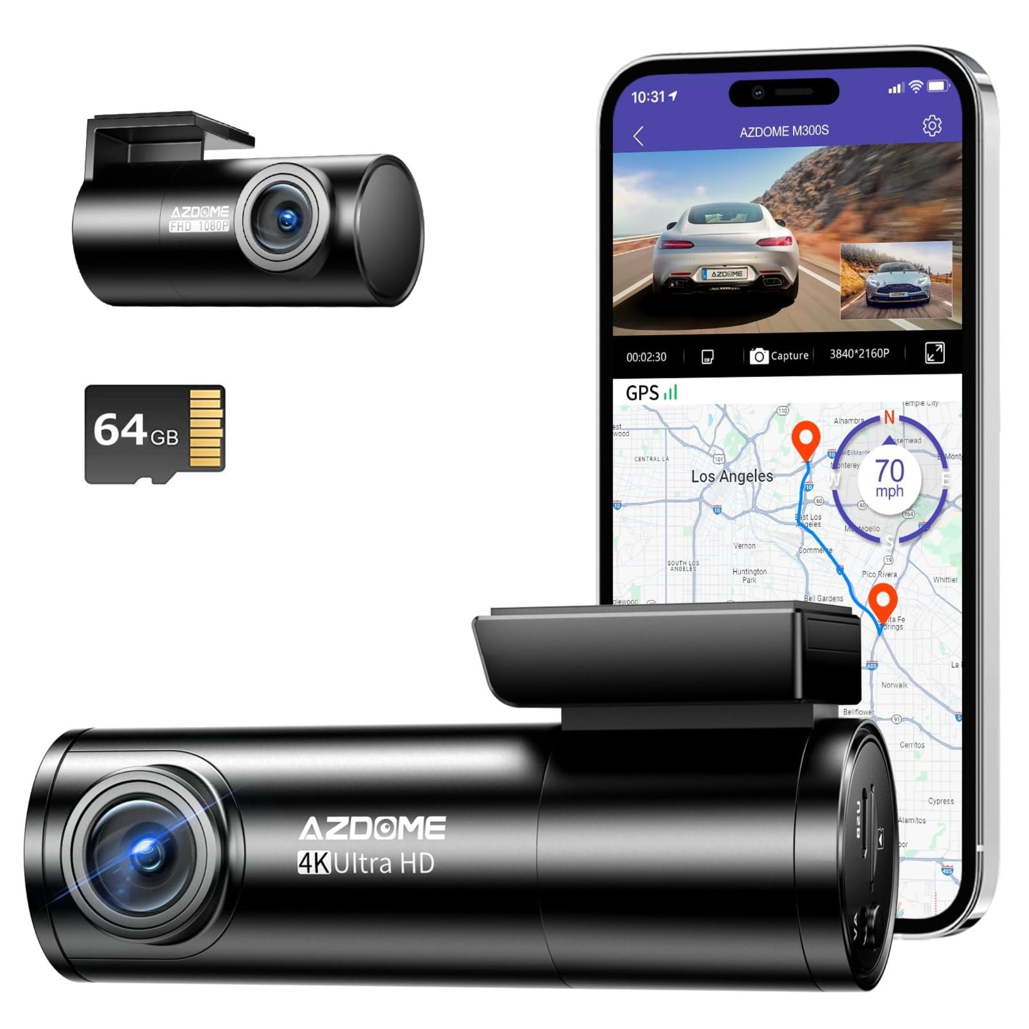 AZDOME M300S 4K Dash Cam Front and Rear, 5.8G WiFi GPS Dash Camera for Cars, Free 64GB SD Card, 170° Wide Angle, Voice Control, G-Sensor, WDR Night Vision, 24H Parking Monitor, Max Support to 256GB