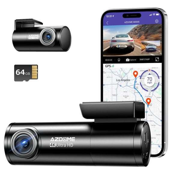 AZDOME M300S 4K Dash Cam Front and Rear, 5.8G WiFi GPS Dash Camera for Cars, Free 64GB SD Card, 170° Wide Angle, Voice Control, G-Sensor, WDR Night Vision, 24H Parking Monitor, Max Support to 256GB