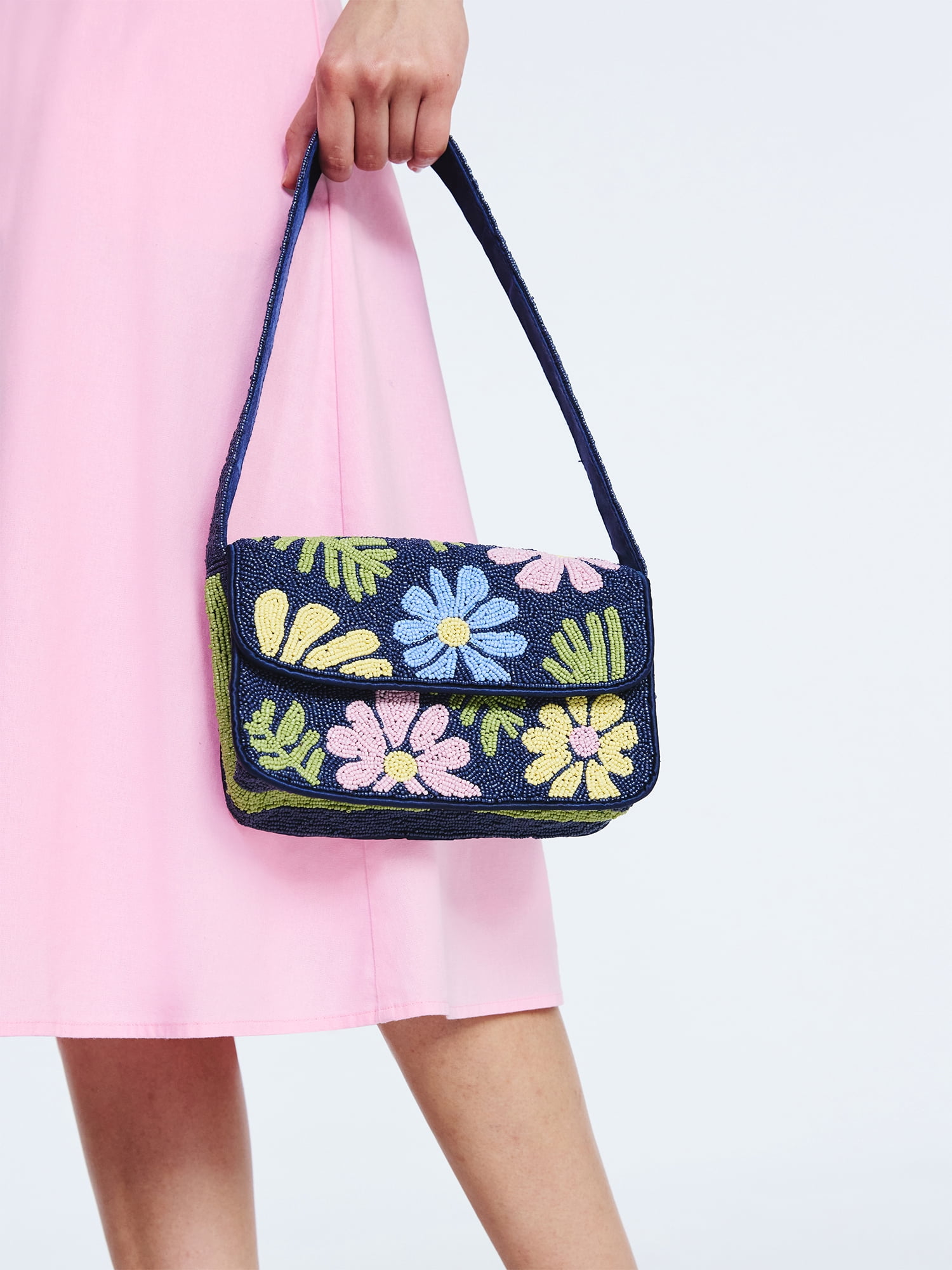 Scoop Women's Beaded Flap Shoulder Bag, Navy Print