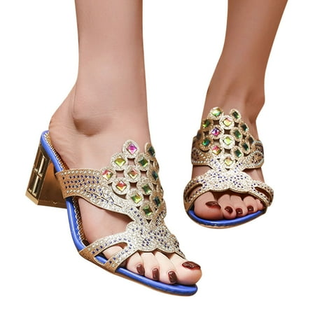 

HIBRO Sandals For Women Ladies Chunky Heel High Heel Fish Mouth Casual Bohemian Beach Shoes Rhinestone Slippers