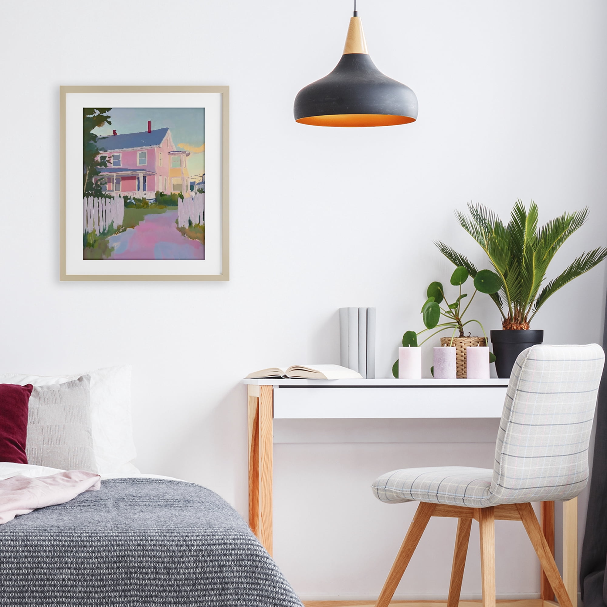Stupell Industries Pastel Pink House with Fence Birch Framed Print Under Glass, design by The Prints Vibe