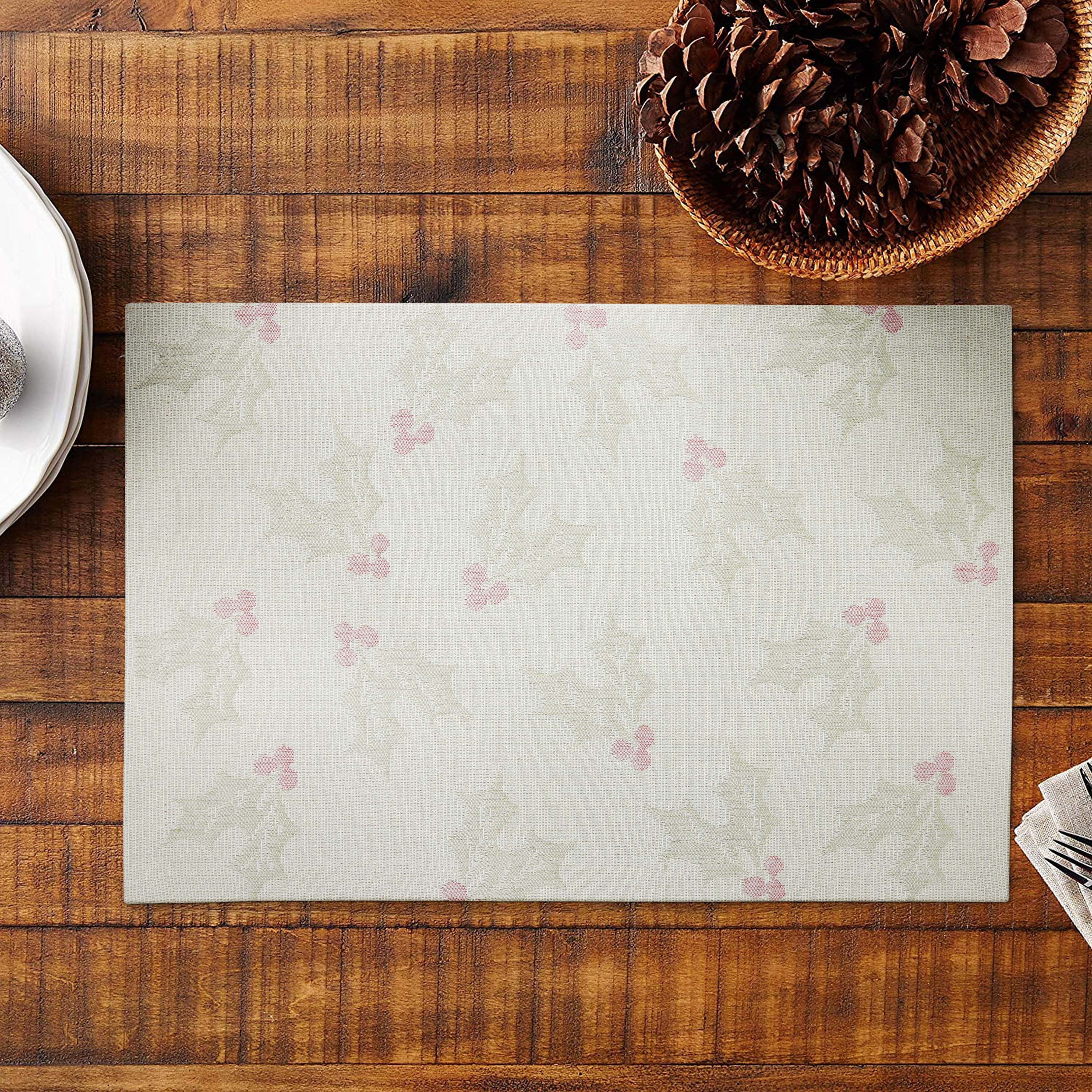 Holiday Holly Jacquard 4 Pack Table Placemat Set - 13" x 19" - 100% Cotton, Multi-Color