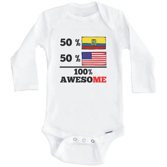 50% Ecuadorian 50% American 100% Awesome Funny Ecuador Flag One Piece Baby Bodysuit (Long Sleeve), 0-3 Months White