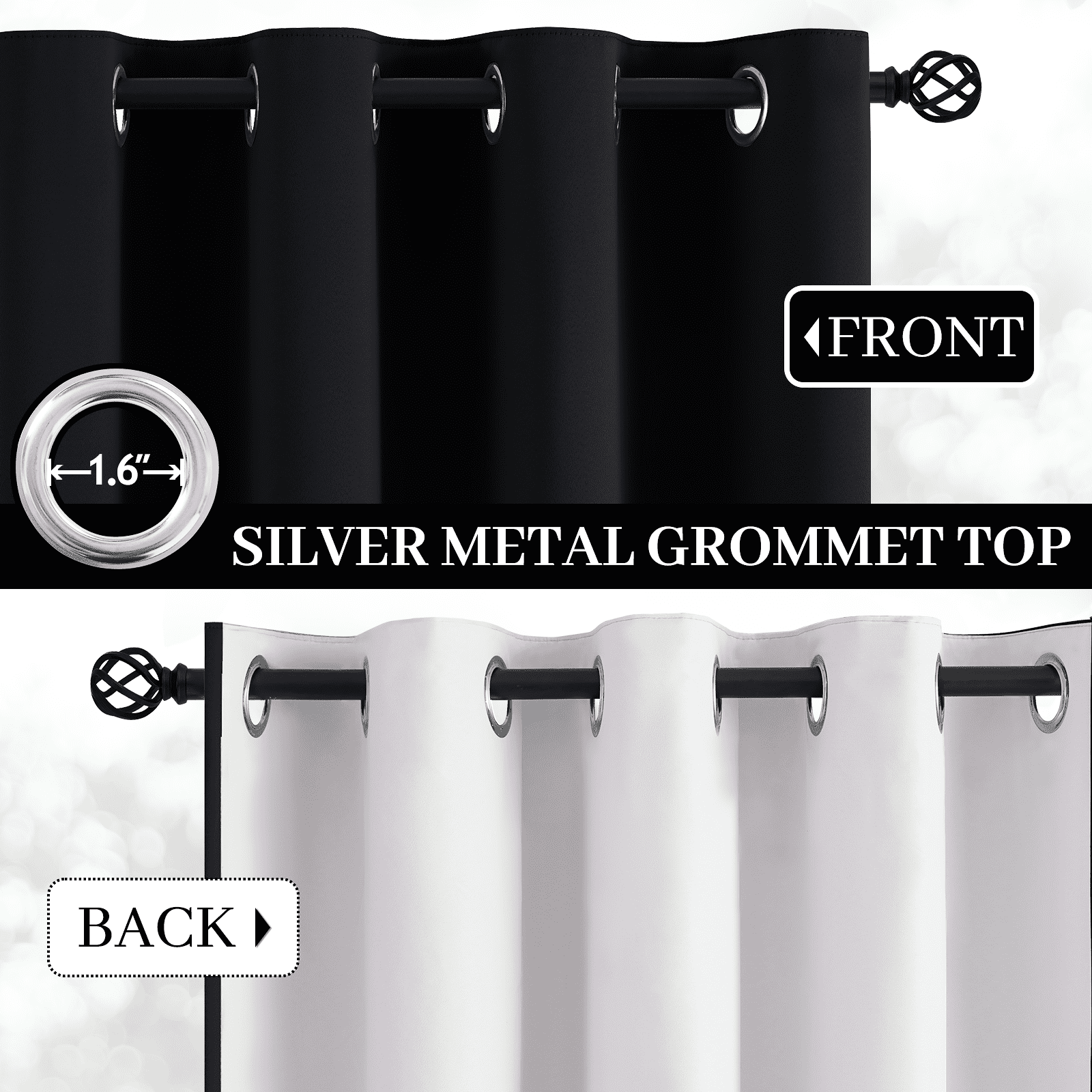Yakamok 100% Blackout Curtain Panels 84 inches Cold and Light Blocking Drapes for Nursery, 2 Thick Layers Thermal Insulated Draperies (2 Pieces, 52 Wide Each Panel, Black Front with White Backing)
