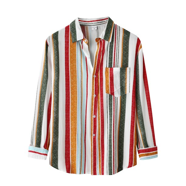 Camisas Para Hombre Manga Larga De AlgodóN Camisa informal de otoño con estampado de rayas para hombre Blusa informal de manga larga con cuello vuelto (Orange, XL)