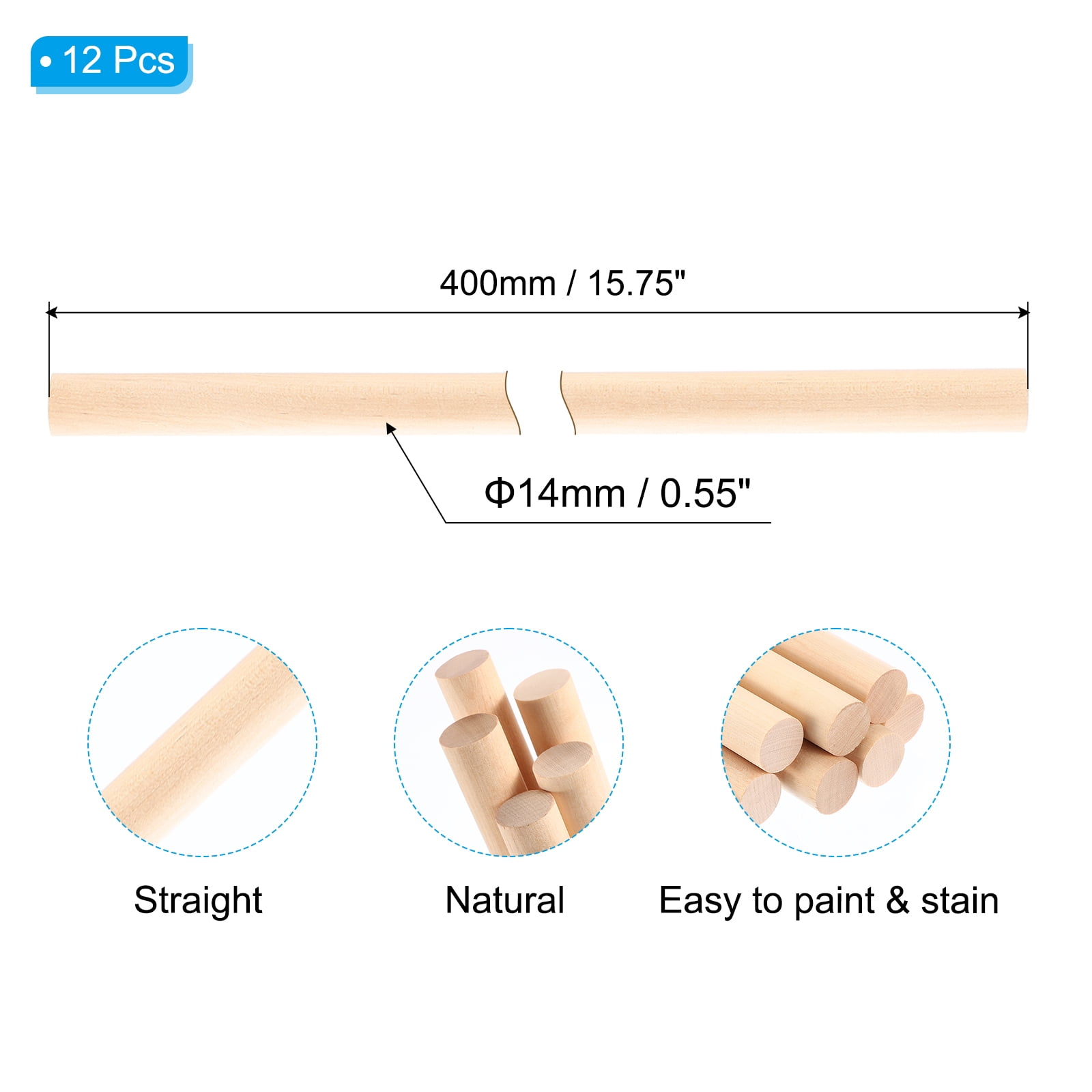 5/9x15.75inch Wooden Dowel, 240 Pcs Dowel Rod Wood Dowels Wood Sticks Unfinished Round, 14mm x 400mm