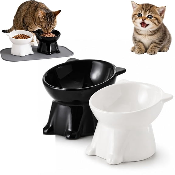 Ergonomic Elevated Cat Bowl, Raised Ceramic Cat Food and Water Bowl for Indoor Cats 15 Degree Tilt Design Anti-Vomiting & Spine Protection Pet Feeder Suit for Wet or Dry Food